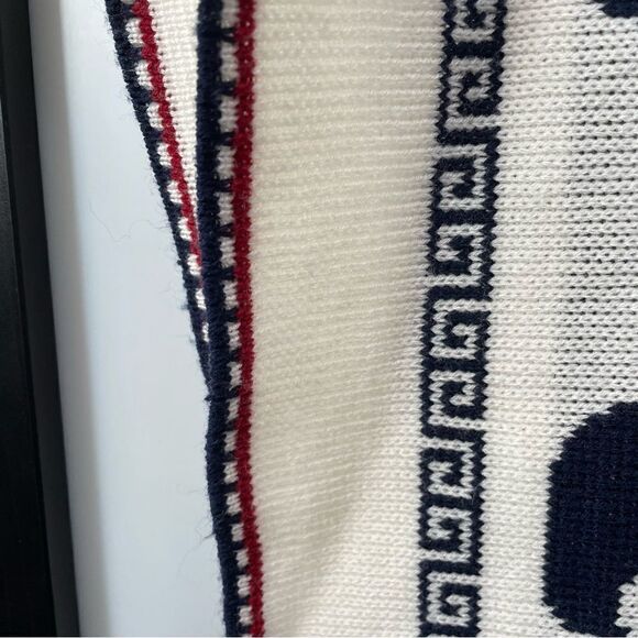 [l] Creme White Knit Holiday Poncho Sweater with Navy Blue & Red Reindeer Print - Picture 12 of 14